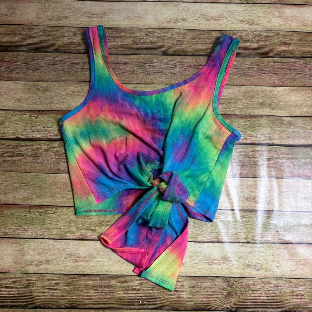 Kimcine Curve Tie Dye Ribbed Crop Top Medium Rainbow Tie Front Tank Sleeveless